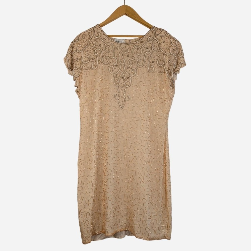 Stenay Vintage 90s Hand-Beaded Silk Formal Dress Tan Cream 18